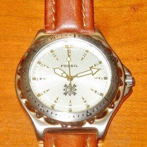 Fossil Watch Mens PR5047 Glow in Dark Tan Brown Genuine Leather Band 50 Meters >